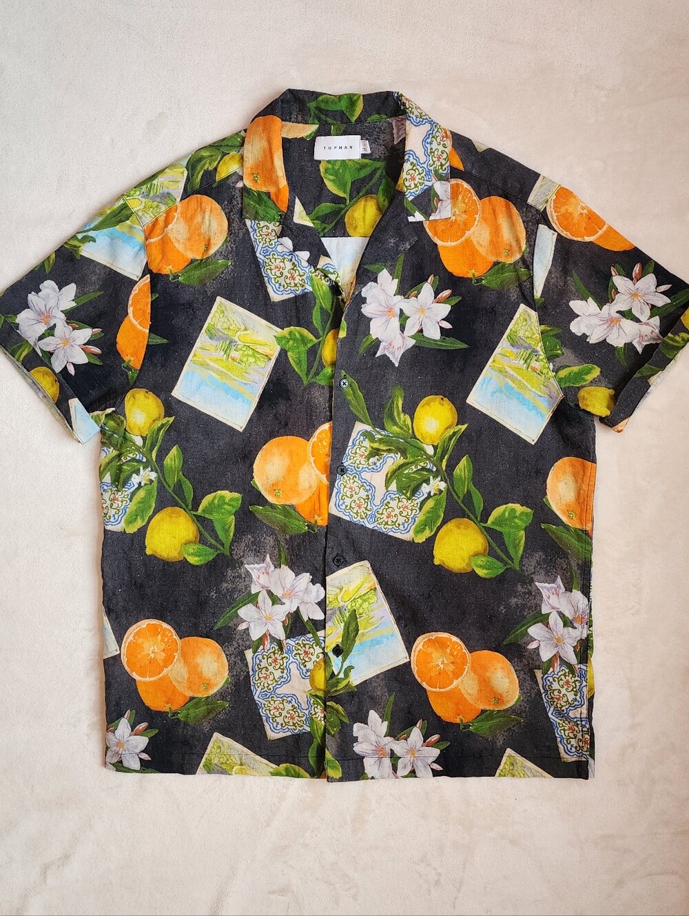 Short Sleeve Relaxed Camp Collar Shirt Revere Italy Fruit Print Medium Summer